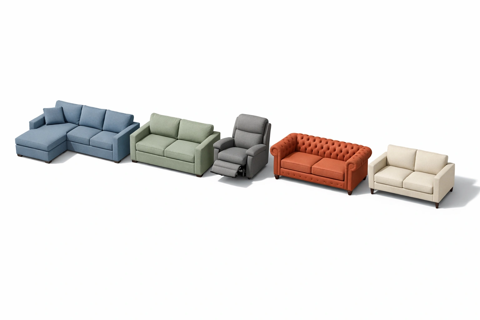 Collection of different sofa types including sectional sleeper and recliner