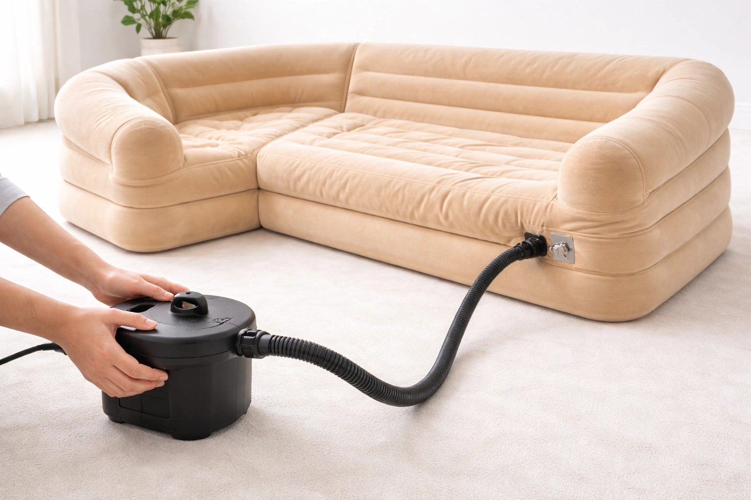 Electric air pump inflating an inflatable couch on a clean indoor surface