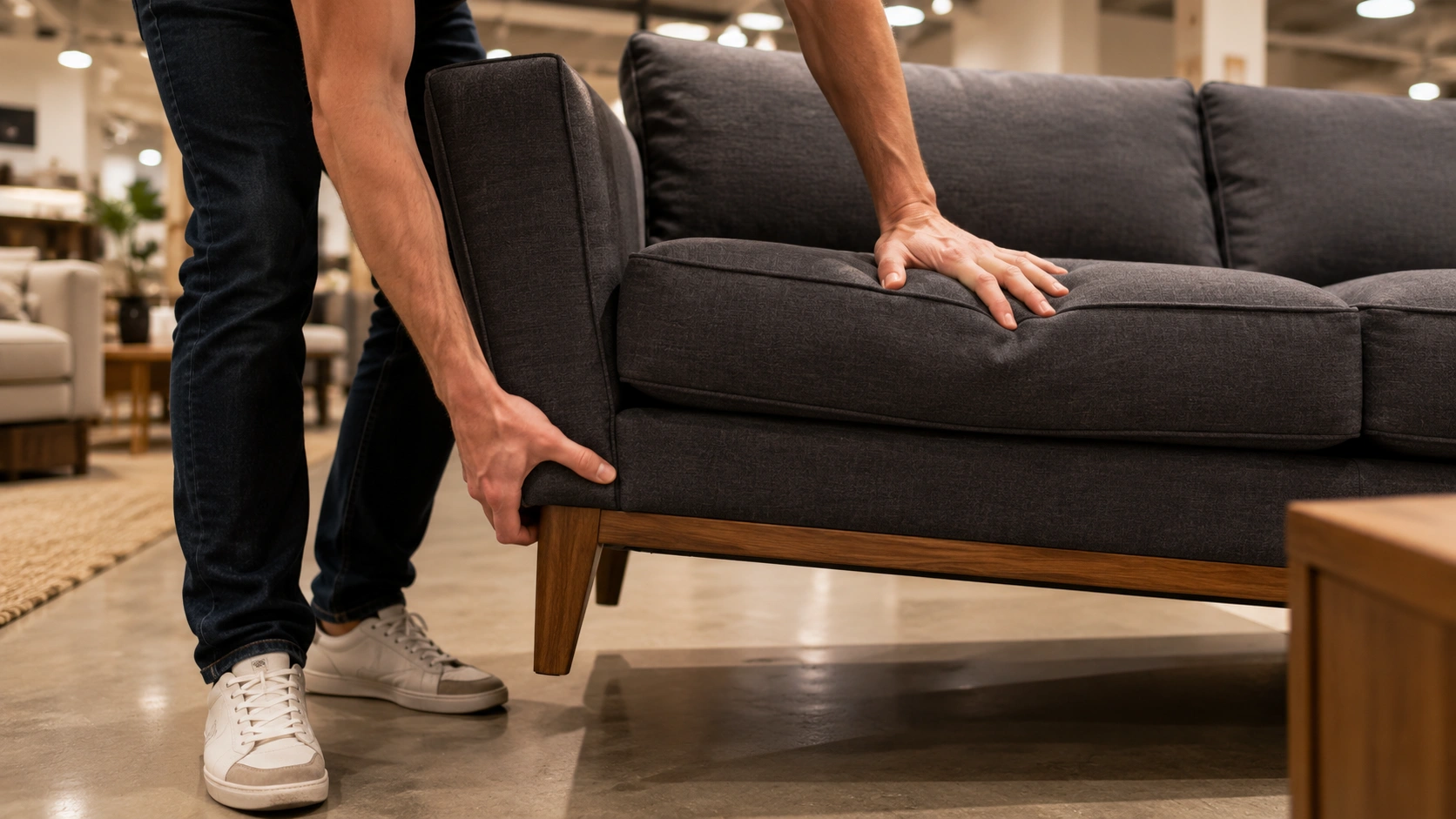 Inspecting sofa quality by lifting corner checking frame and examining stitching details