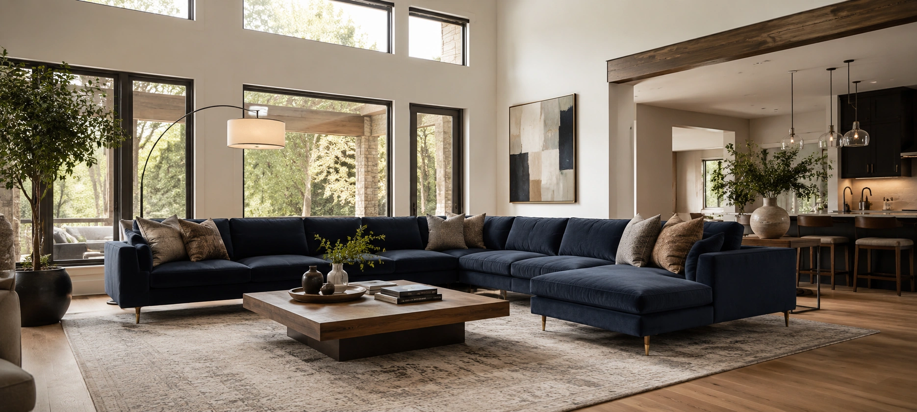 Large open living room with L-shaped sectional sofa