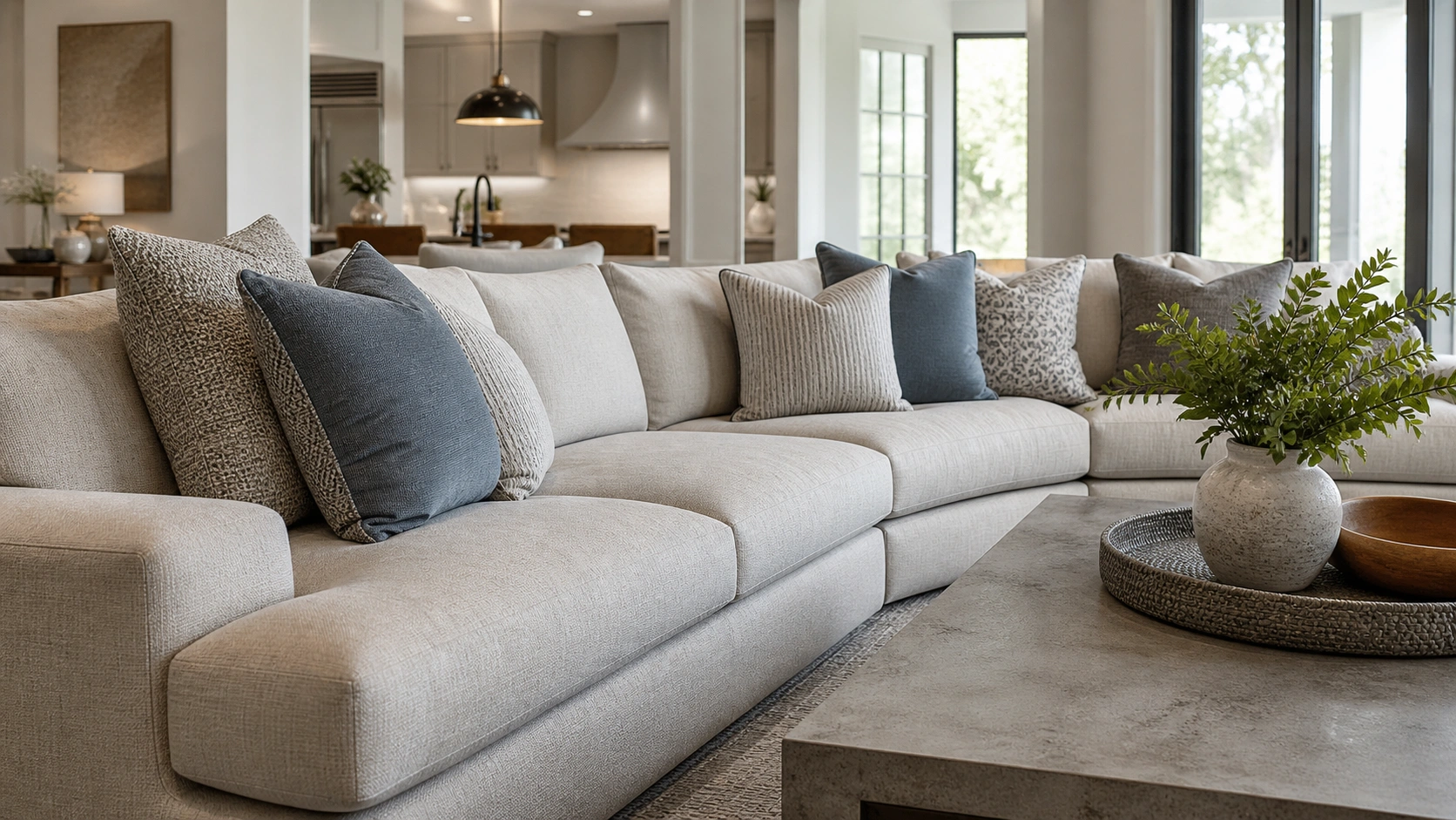 Spacious living room furnished with a large sectional sofa and complementary decor