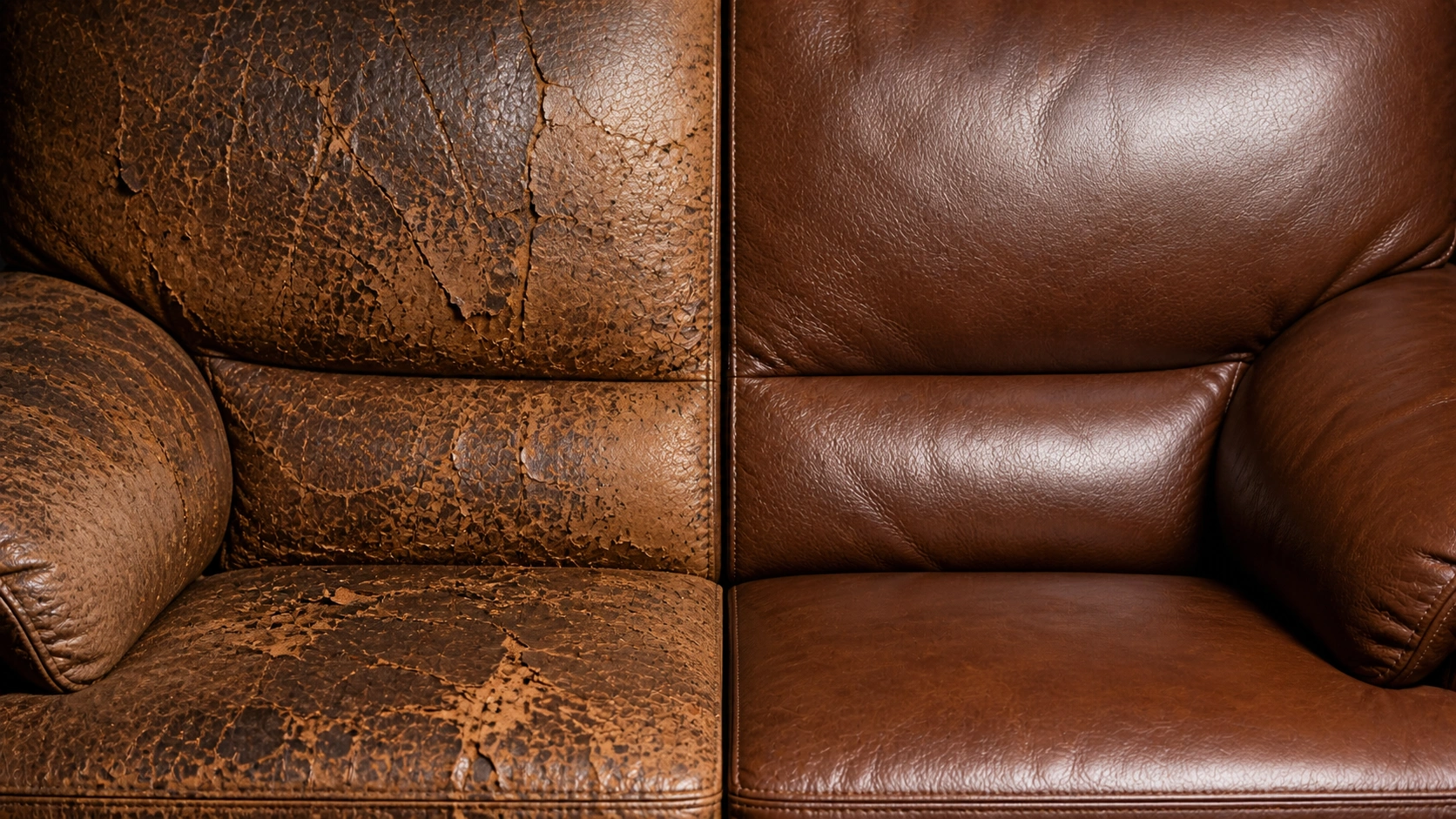 Damaged leather sofa showing cracking discoloration and peeling from incorrect cleaning methods