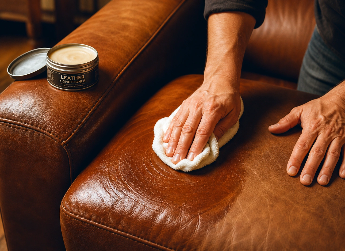 Applying leather conditioner with soft cloth on leather sofa