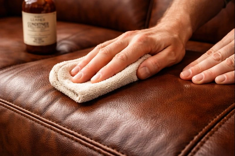 Applying leather conditioner on sofa