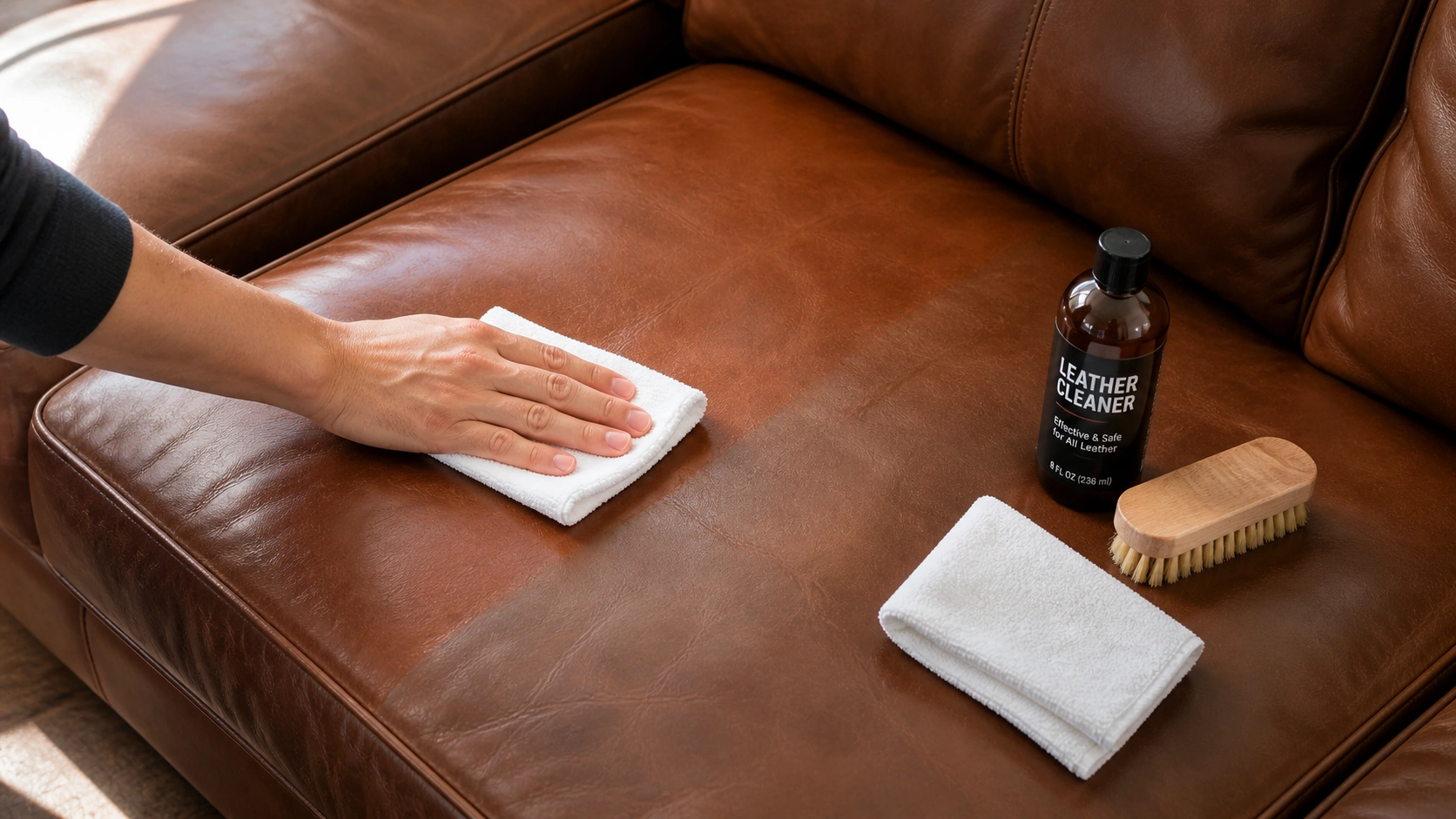 Step by step leather sofa cleaning process showing tools and technique on a brown leather couch