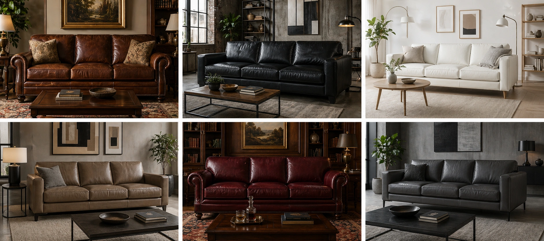 Multiple leather sofas in different colors including brown, black, white, taupe and burgundy in styled rooms