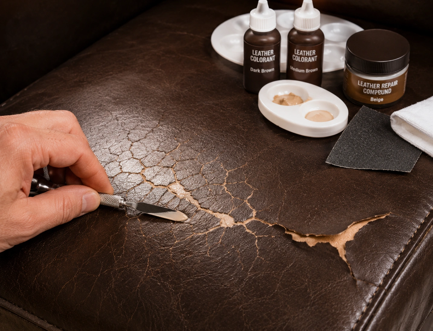 Cracked and peeling leather sofa surface being treated with leather repair compound