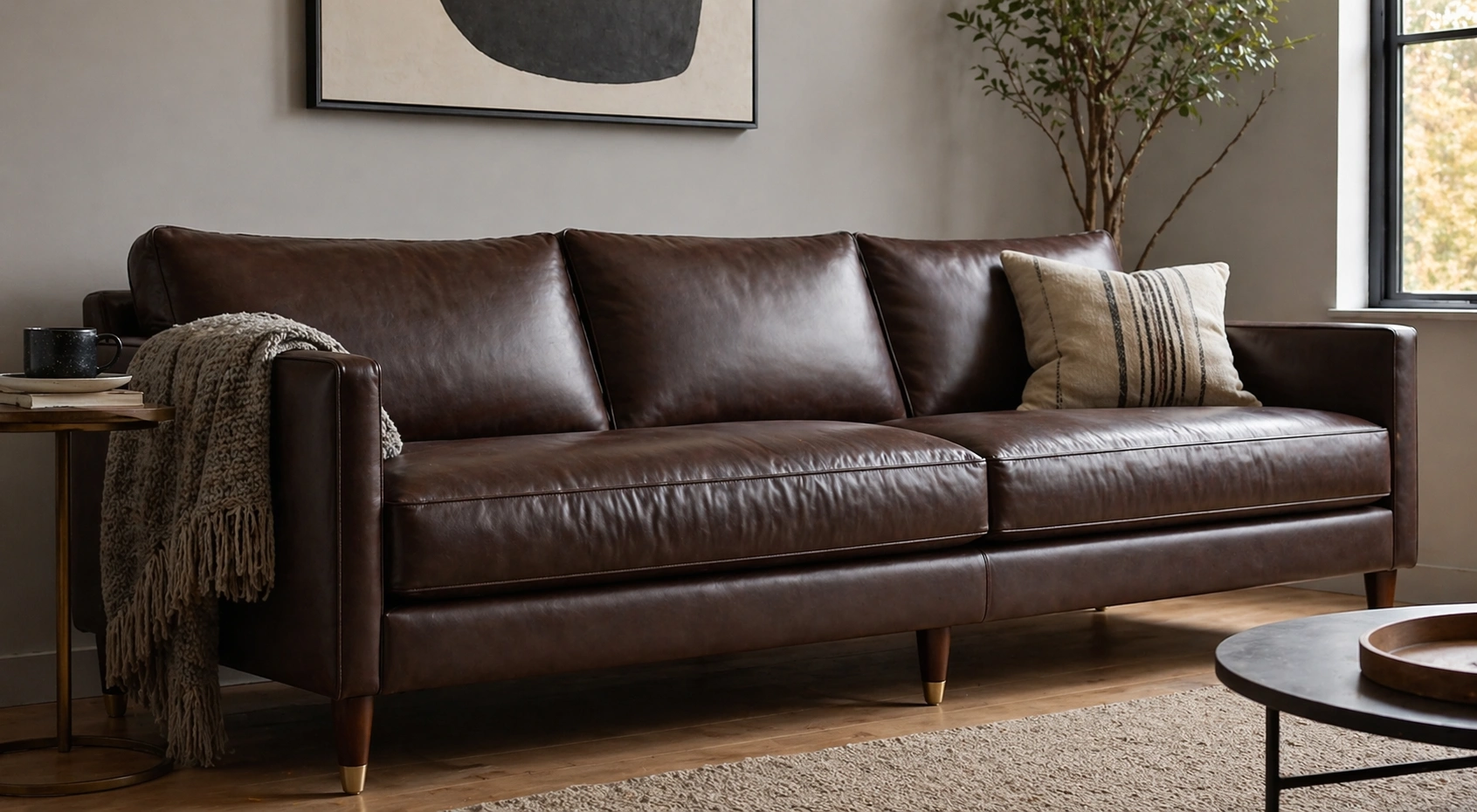 Elegant brown leather sofa in a modern living room