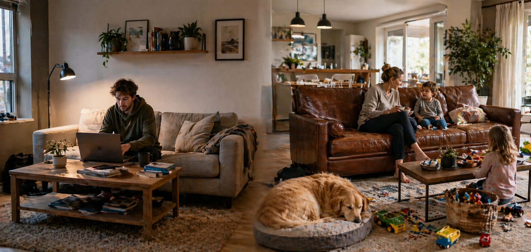 Two living room setups comparing leather and fabric sofas in real homes