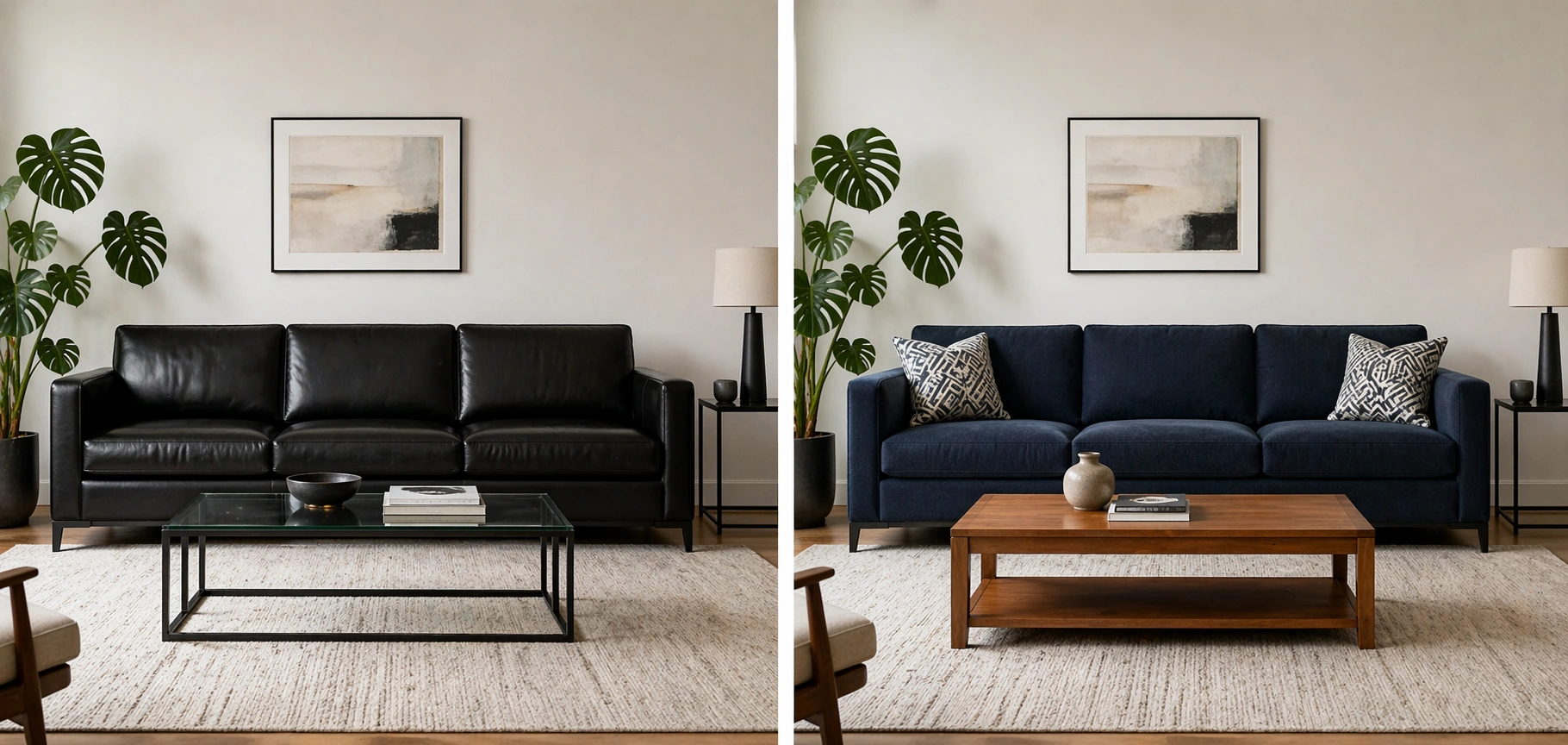 Leather and fabric sofa placed side by side for visual comparison