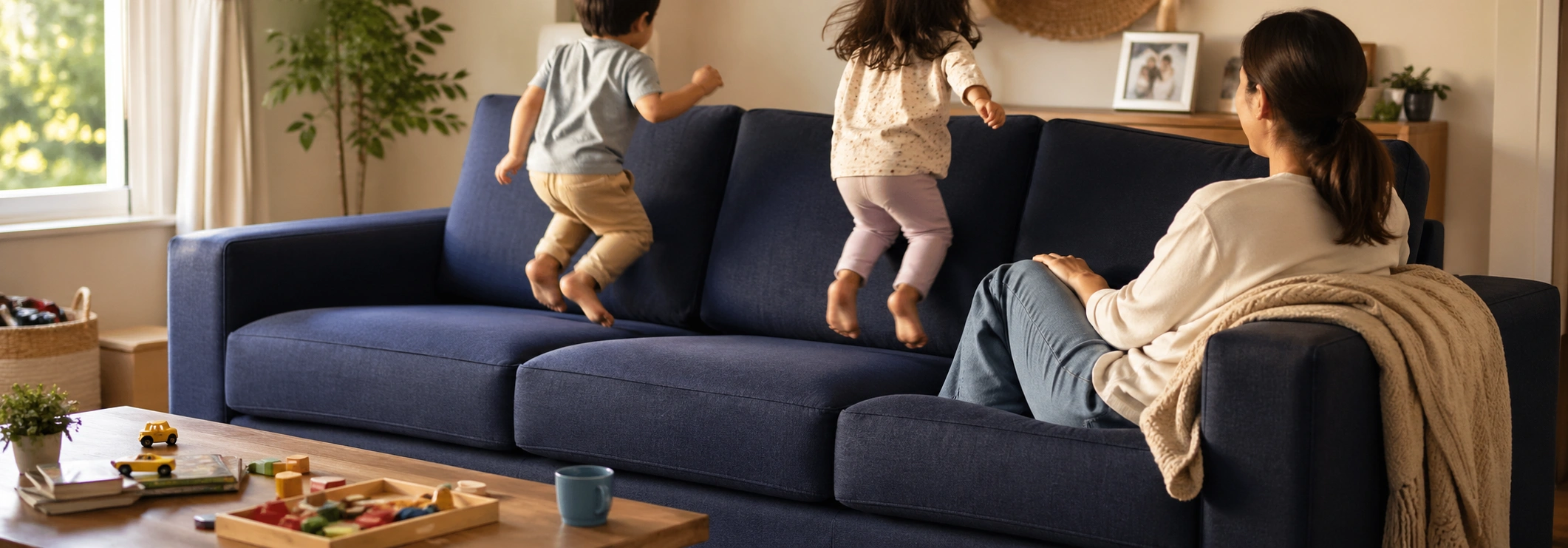 Family relaxing on a durable daily-use sofa