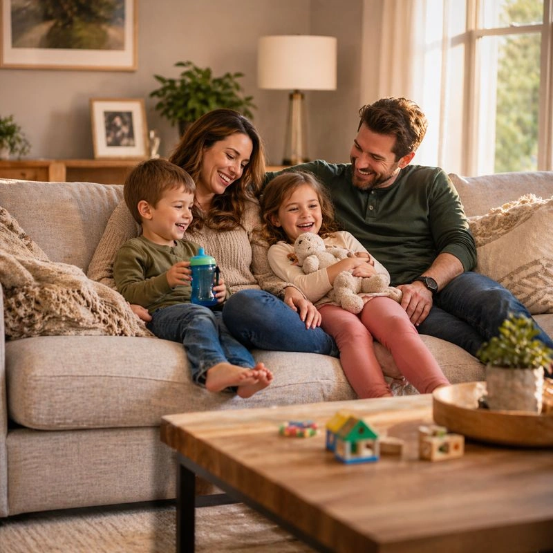 Family with kids on a sofa