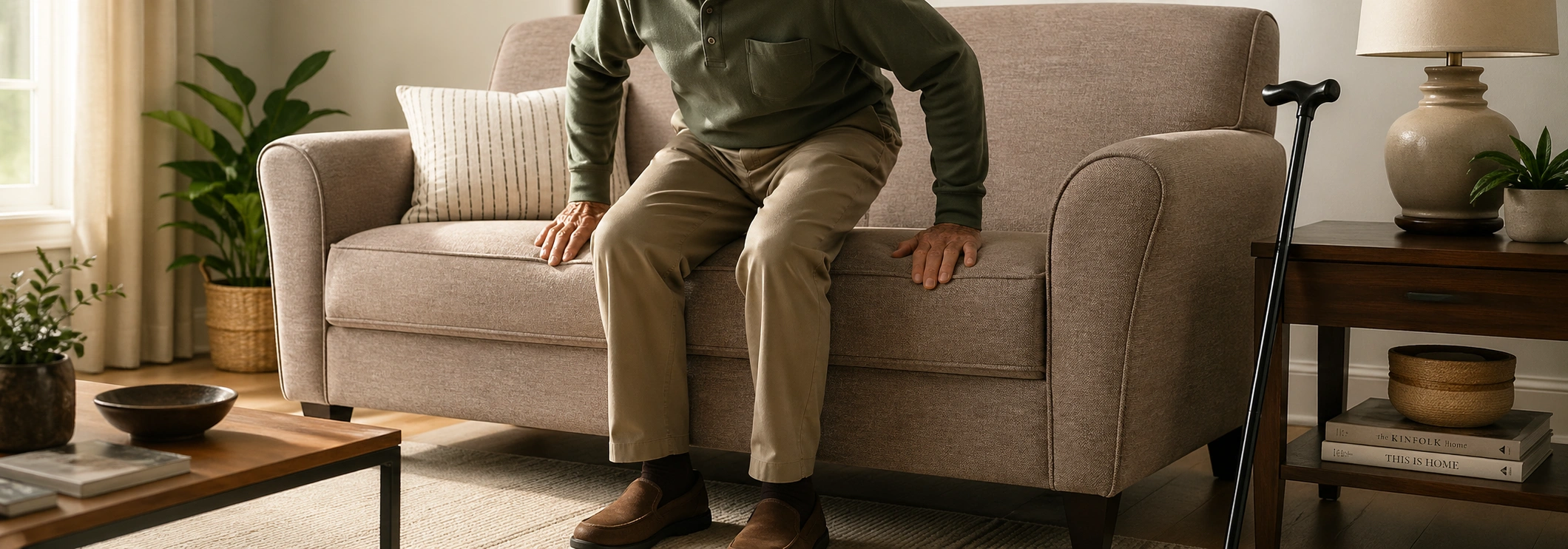 Senior person easily standing from a supportive sofa