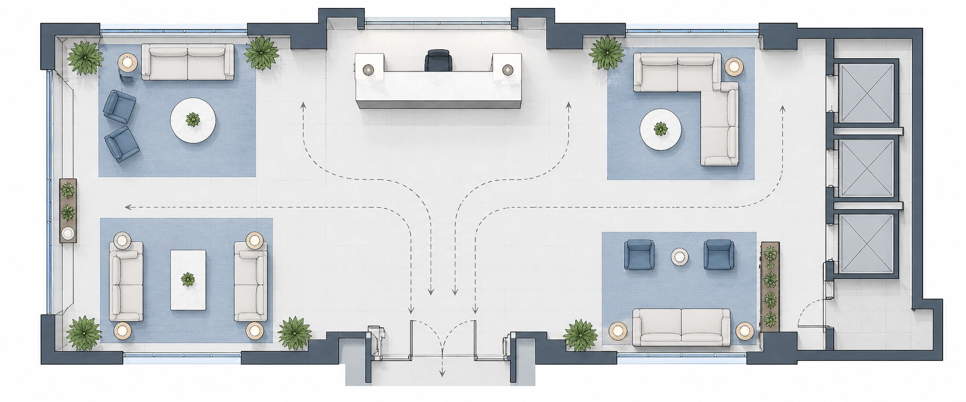 Top-view floor plan showing lobby seating zones and traffic flow corridors