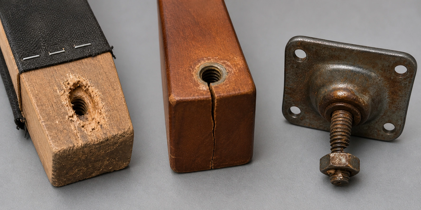Common causes of loose sofa legs including stripped screws and cracked wood joints