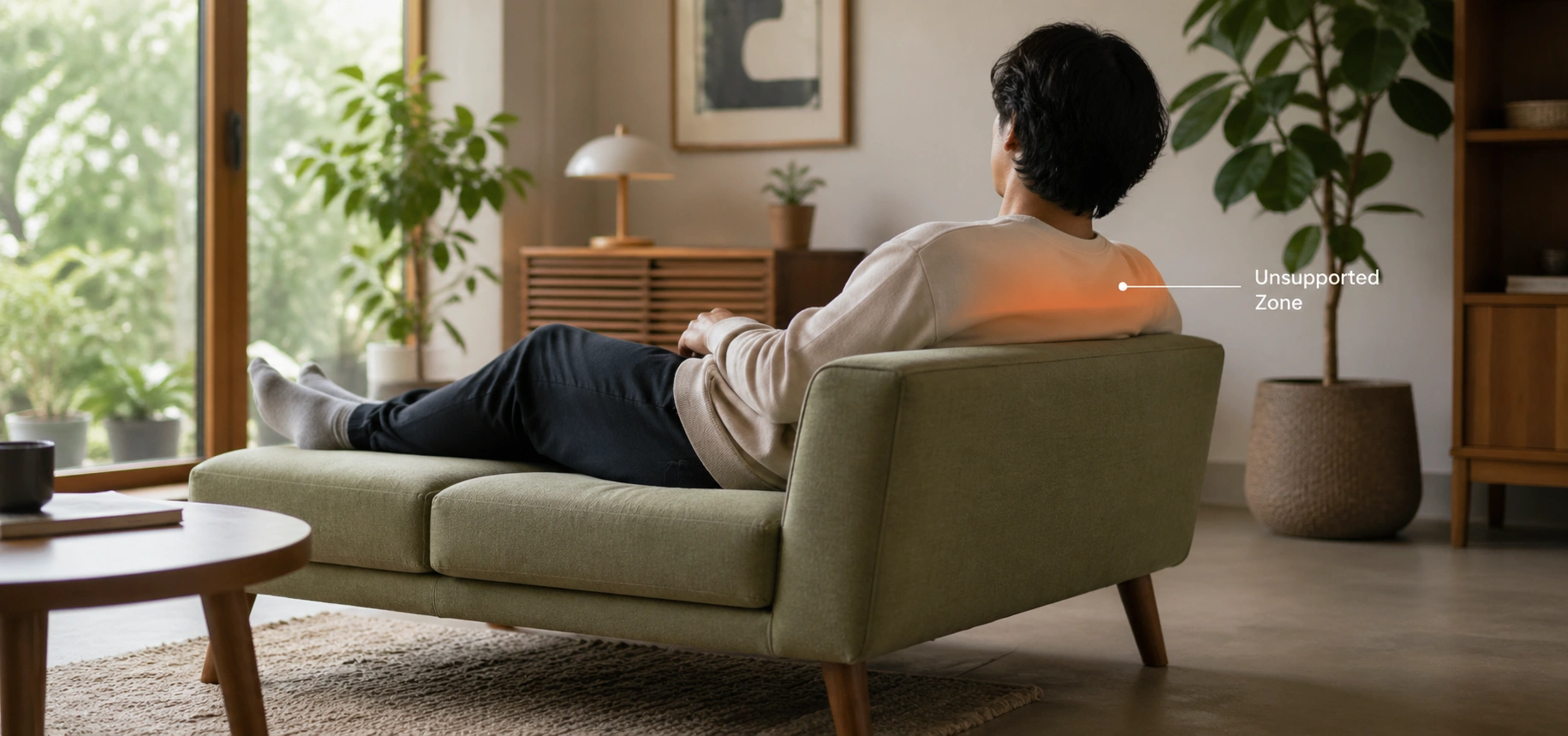 Low back sofa allowing relaxed lounging posture without upper back interference