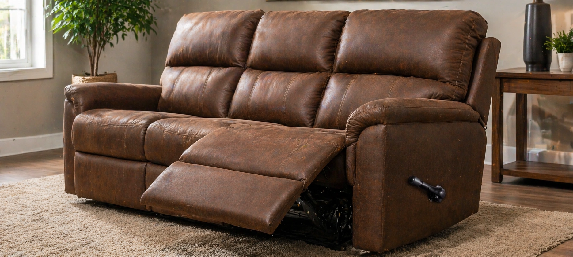 Manual recliner sofa with lever mechanism visible on the side