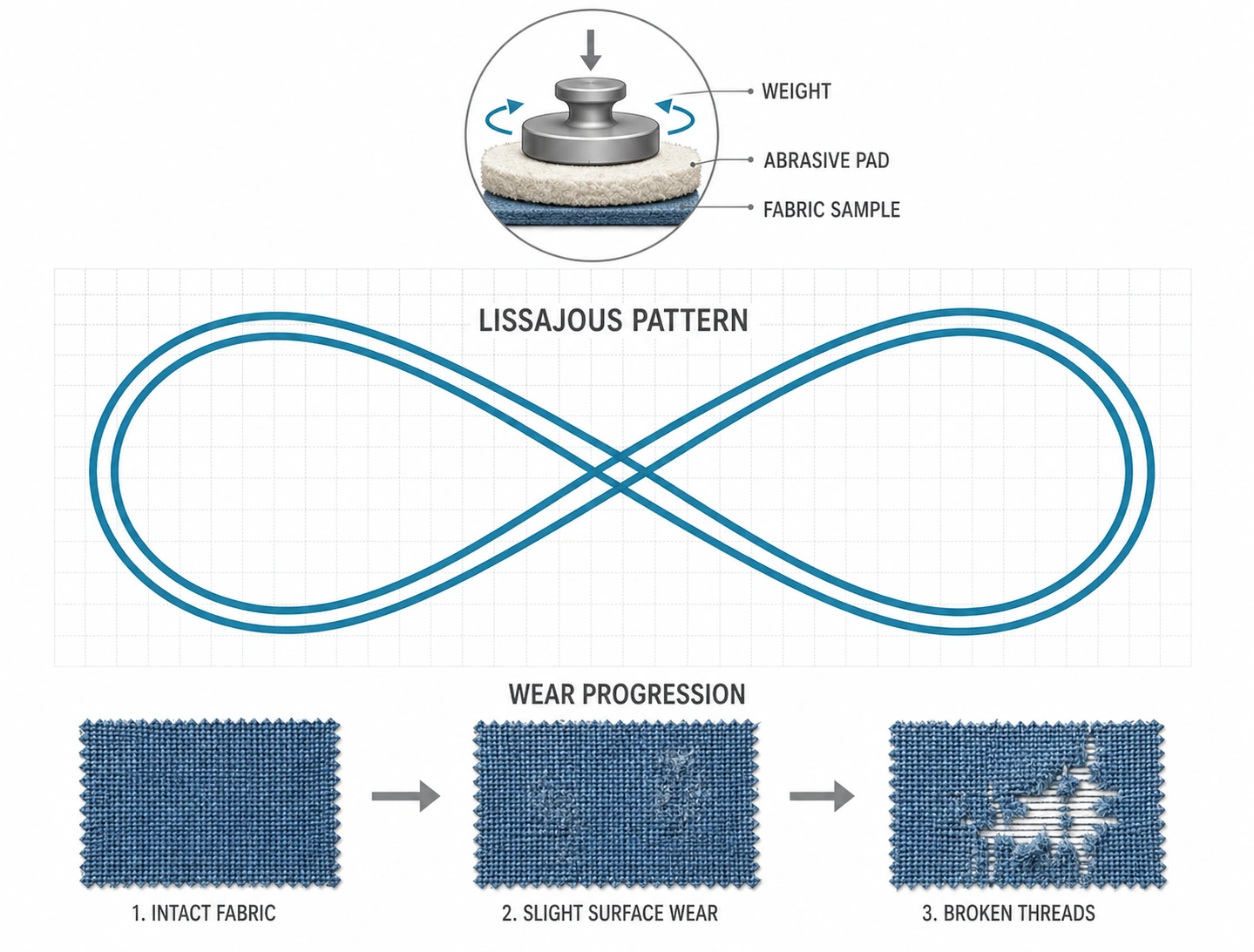 Diagram showing the Lissajous figure-eight rubbing pattern used in Martindale test