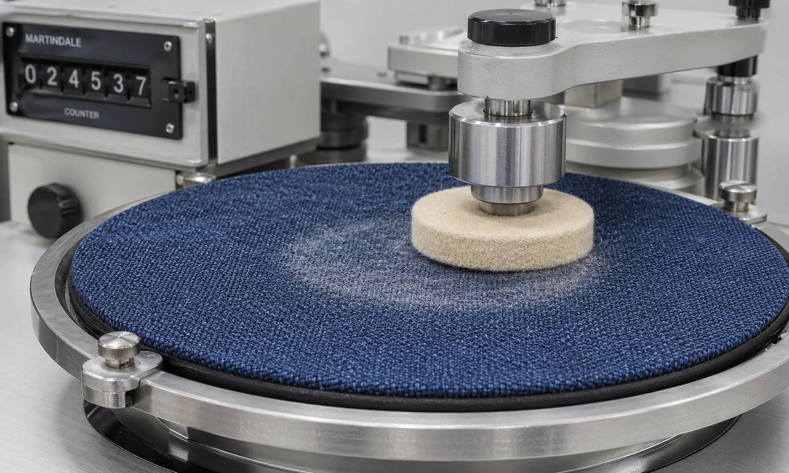 Martindale abrasion test machine rubbing fabric sample in circular motion