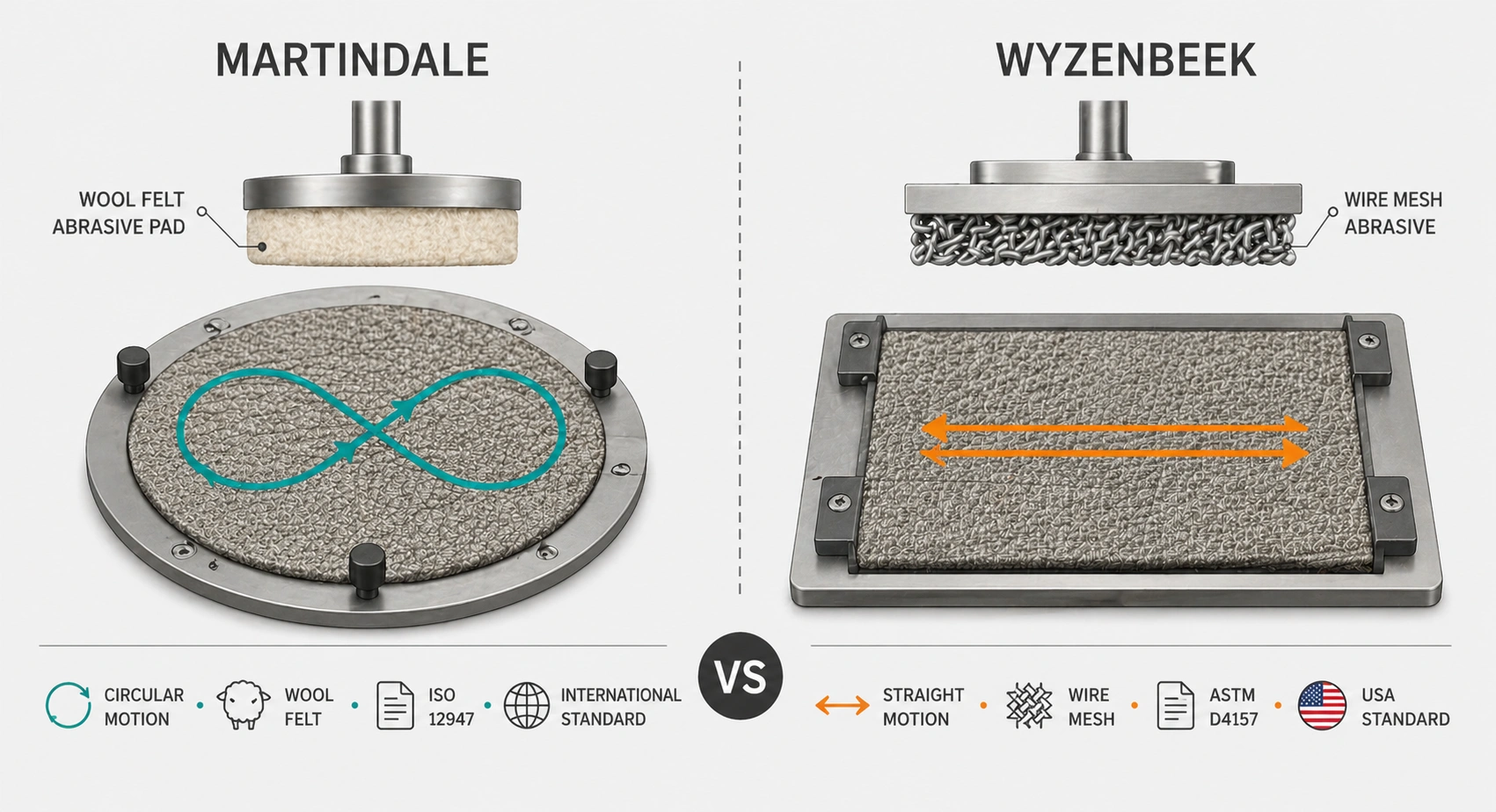 Side by side comparison illustration of Martindale and Wyzenbeek abrasion test methods