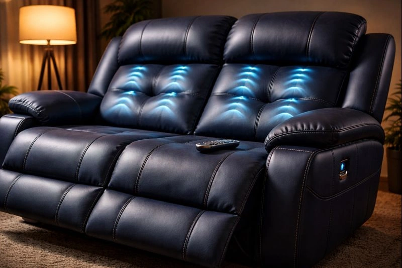 Massage recliner sofa with remote control showing vibration settings