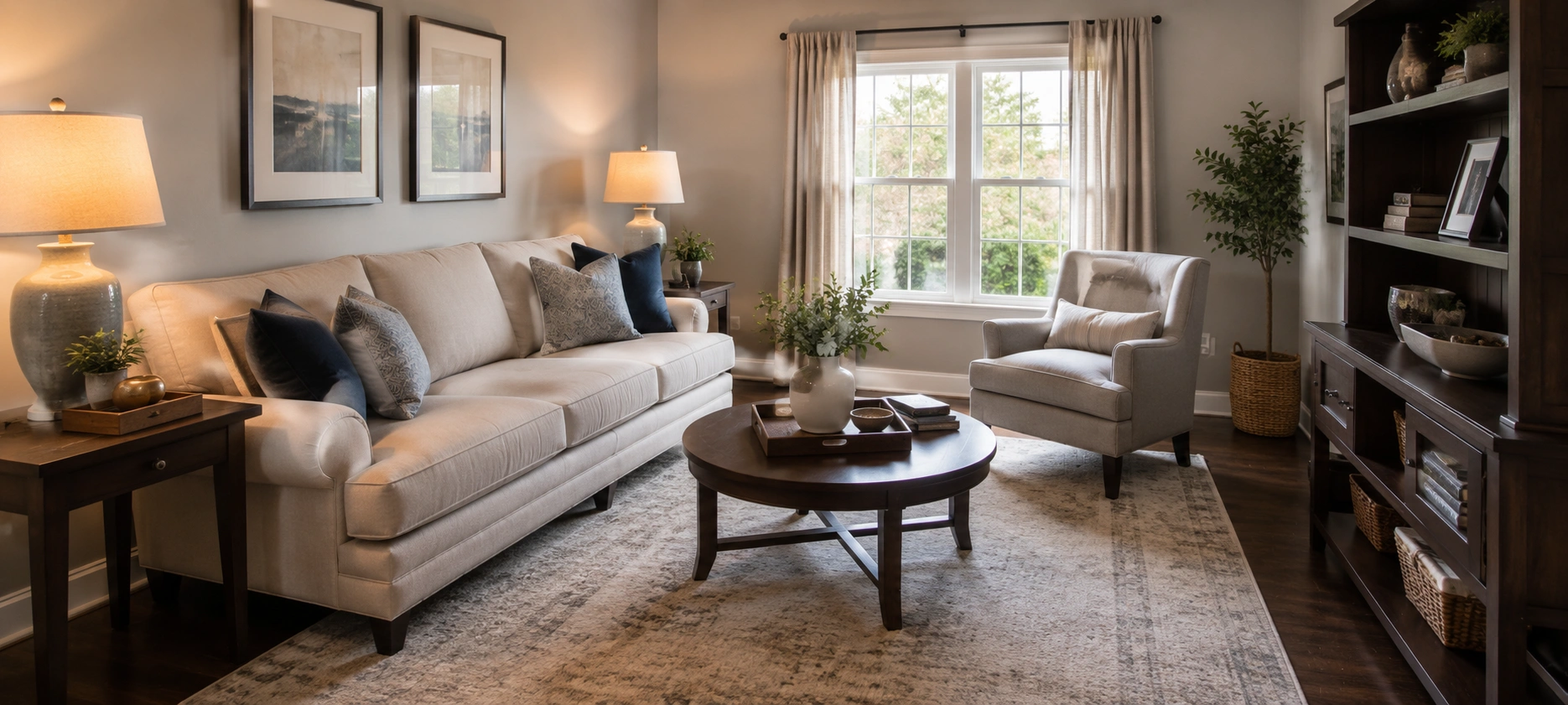 Medium living room with either sectional or traditional sofa