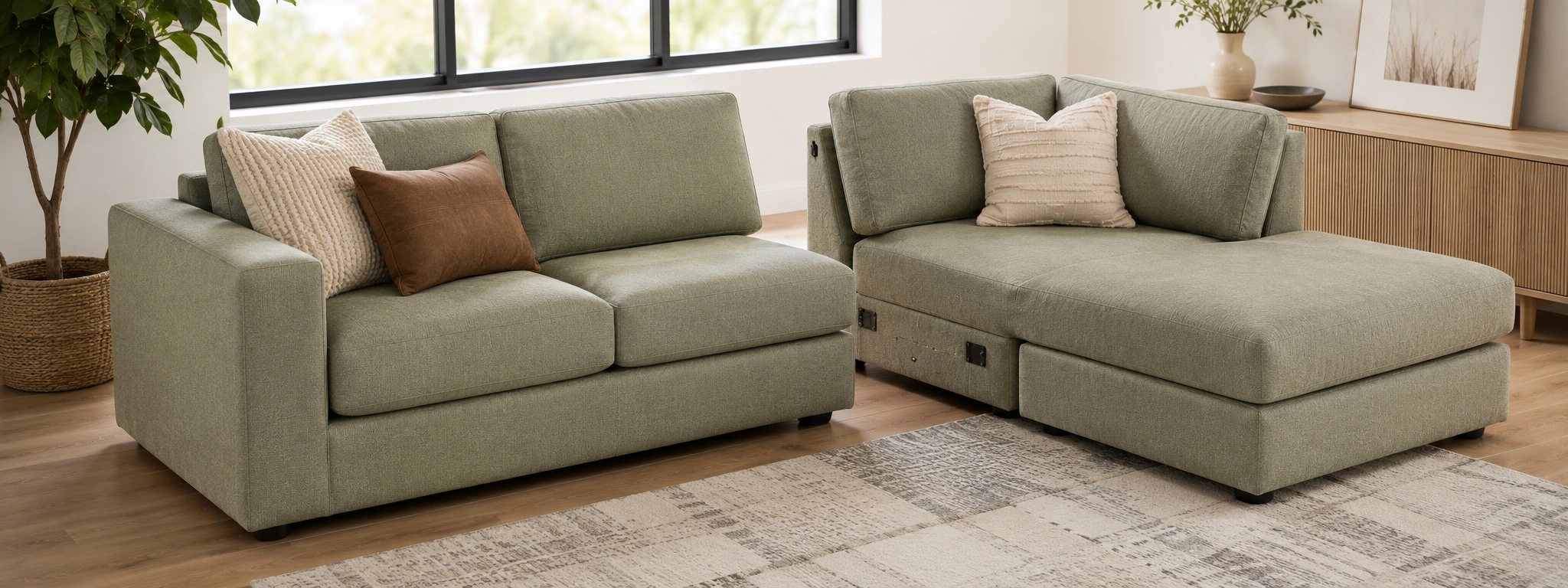 Modular sectional sofa pieces being rearranged into different configurations
