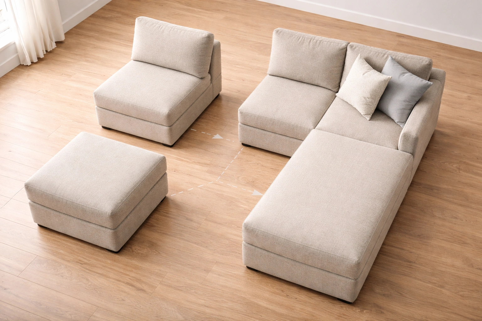 Modular sofa with individual pieces arranged in an L-shape configuration