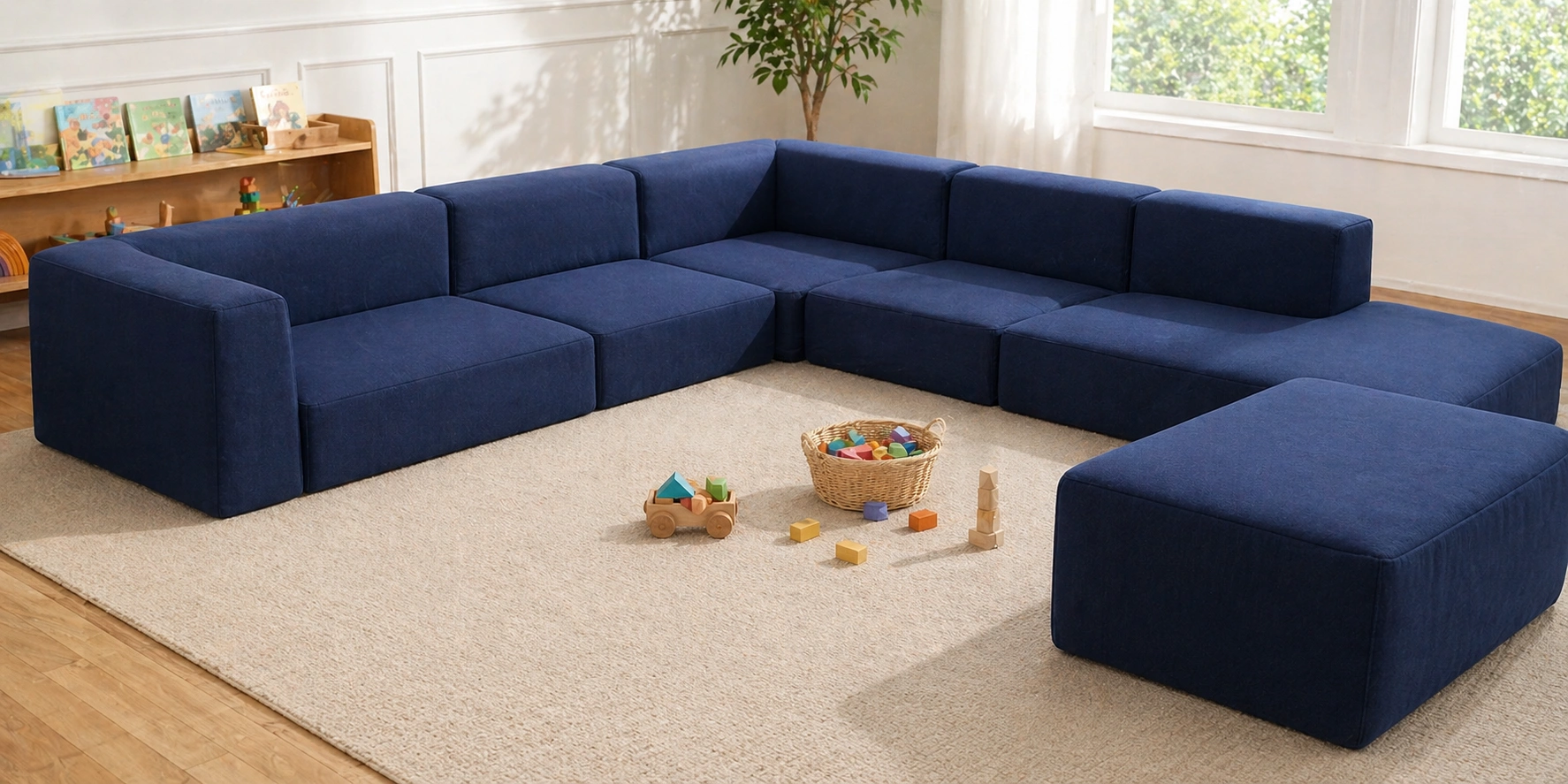 Modular sofa rearranged for kids play area