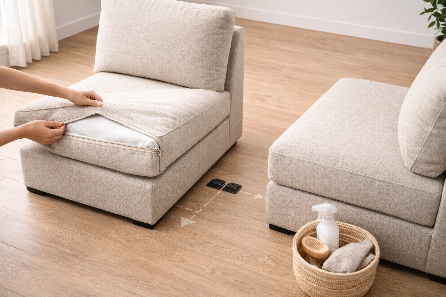 Cleaning and maintaining a modular sofa with removable cushion covers
