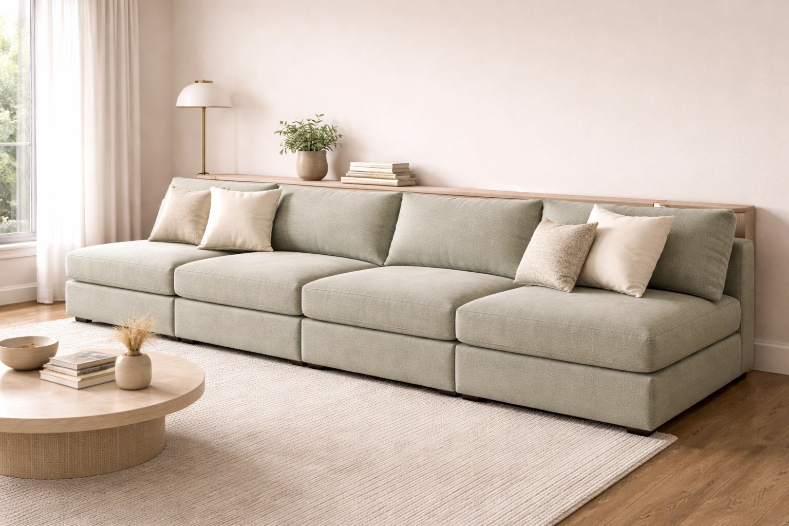 Straight line modular sofa arrangement for narrow spaces