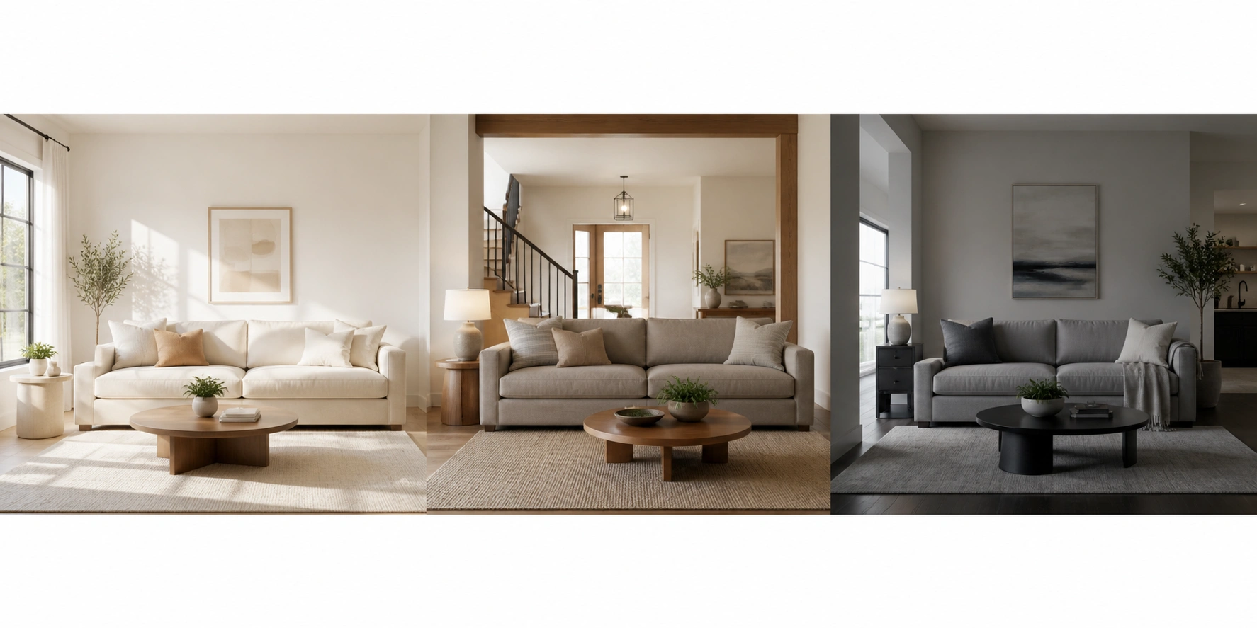 Neutral sofa color matching guide showing how different neutrals look in various room settings