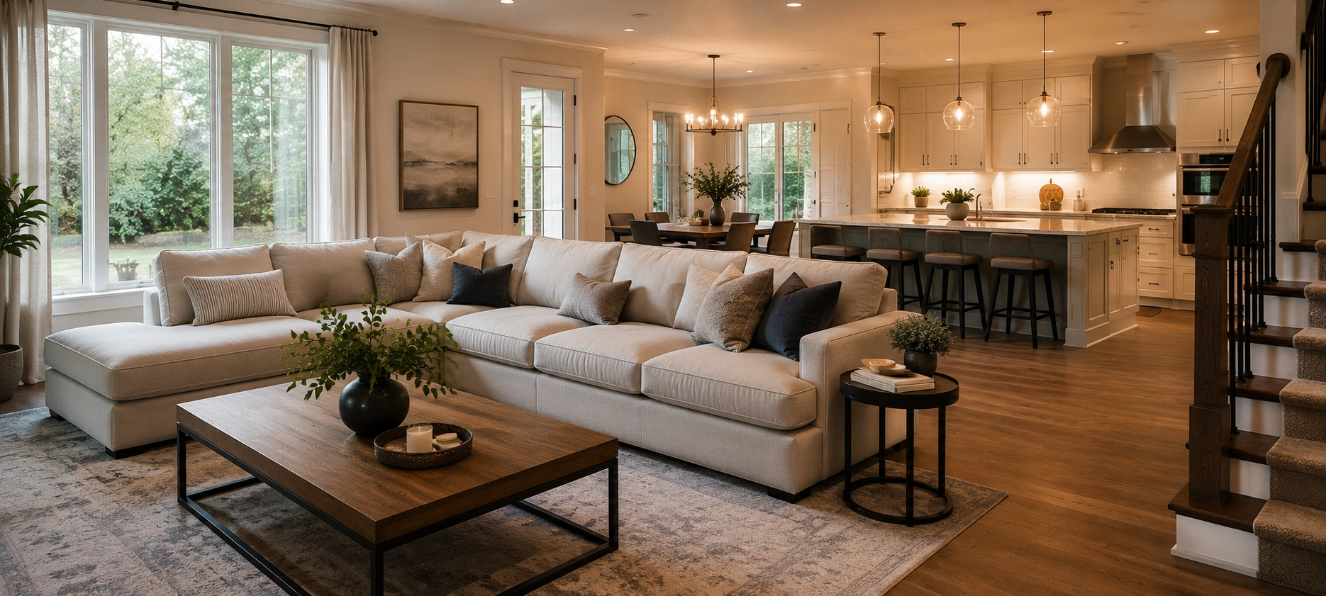 Open concept floor plan with sectional defining living area