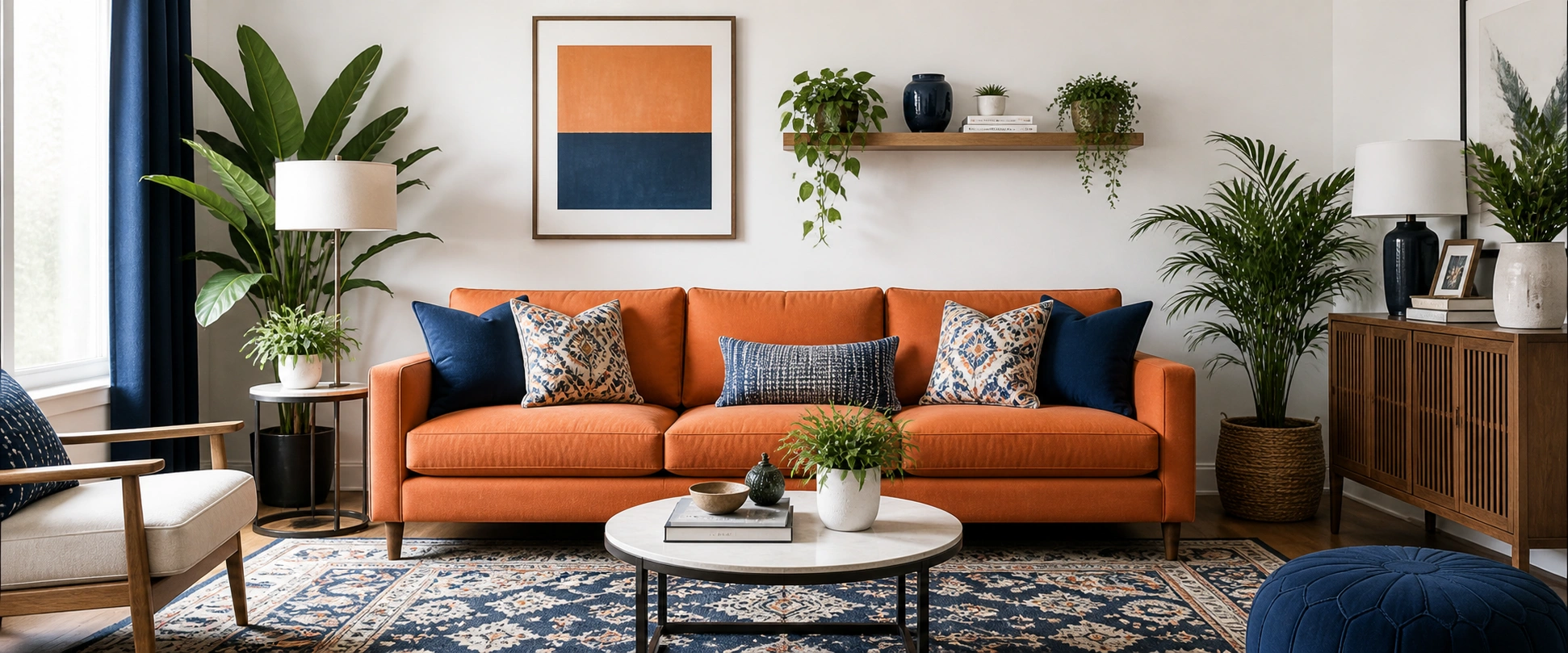 Orange sofa color pairing in living room
