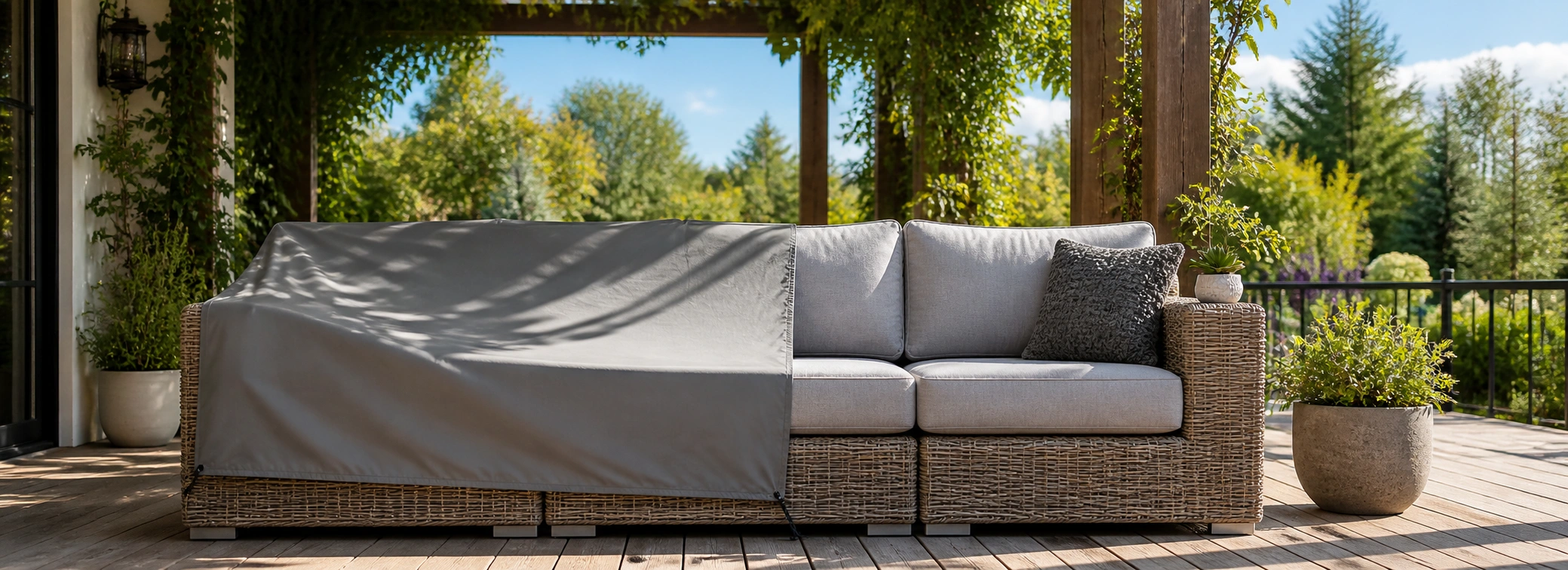 Outdoor sofa with UV protective cover on a patio under partial shade