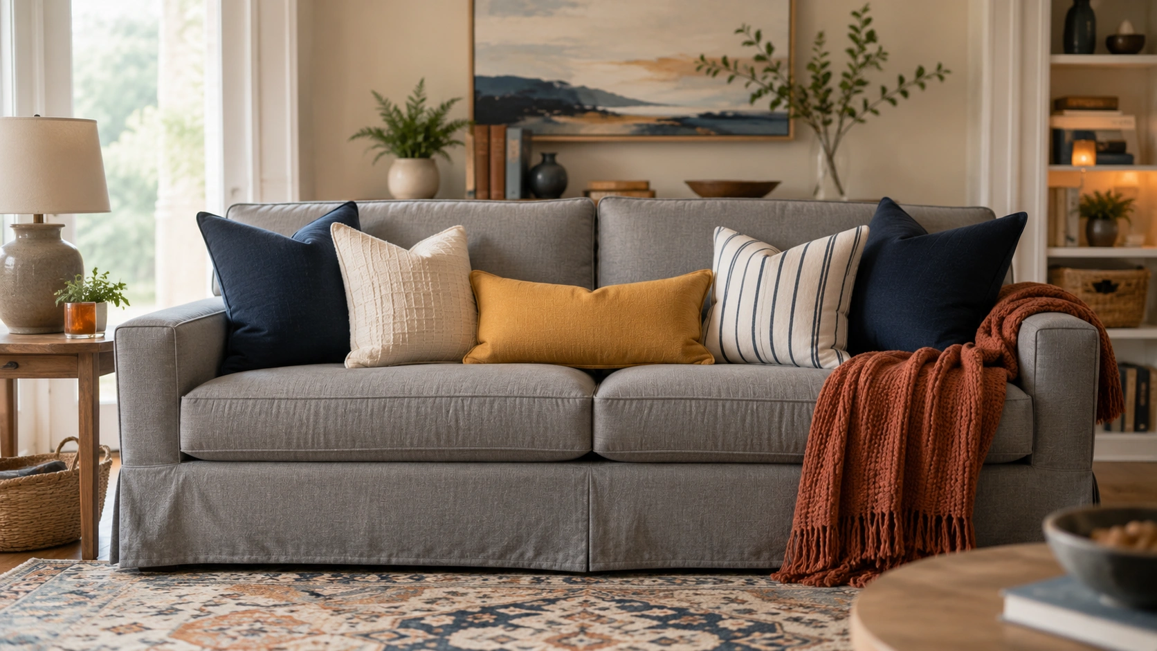 Throw pillows in coordinated colors and patterns arranged on a grey sofa with complementary throw blanket