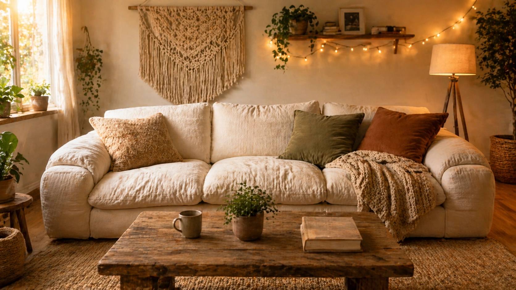 Plush soft sofa in a cozy casual living room with throws and pillows
