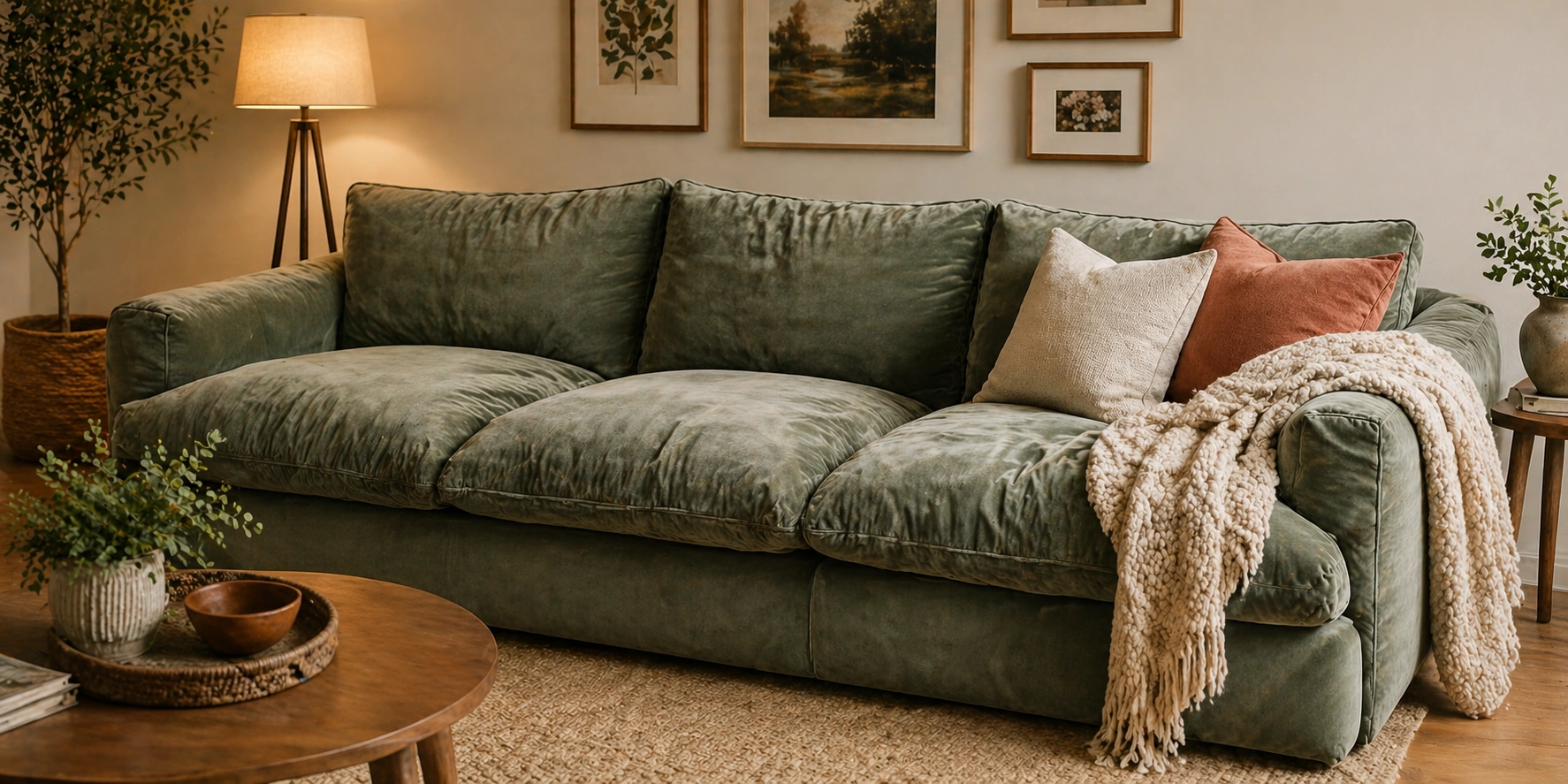 Example of a plush sofa with soft sink-in cushions in a cozy room