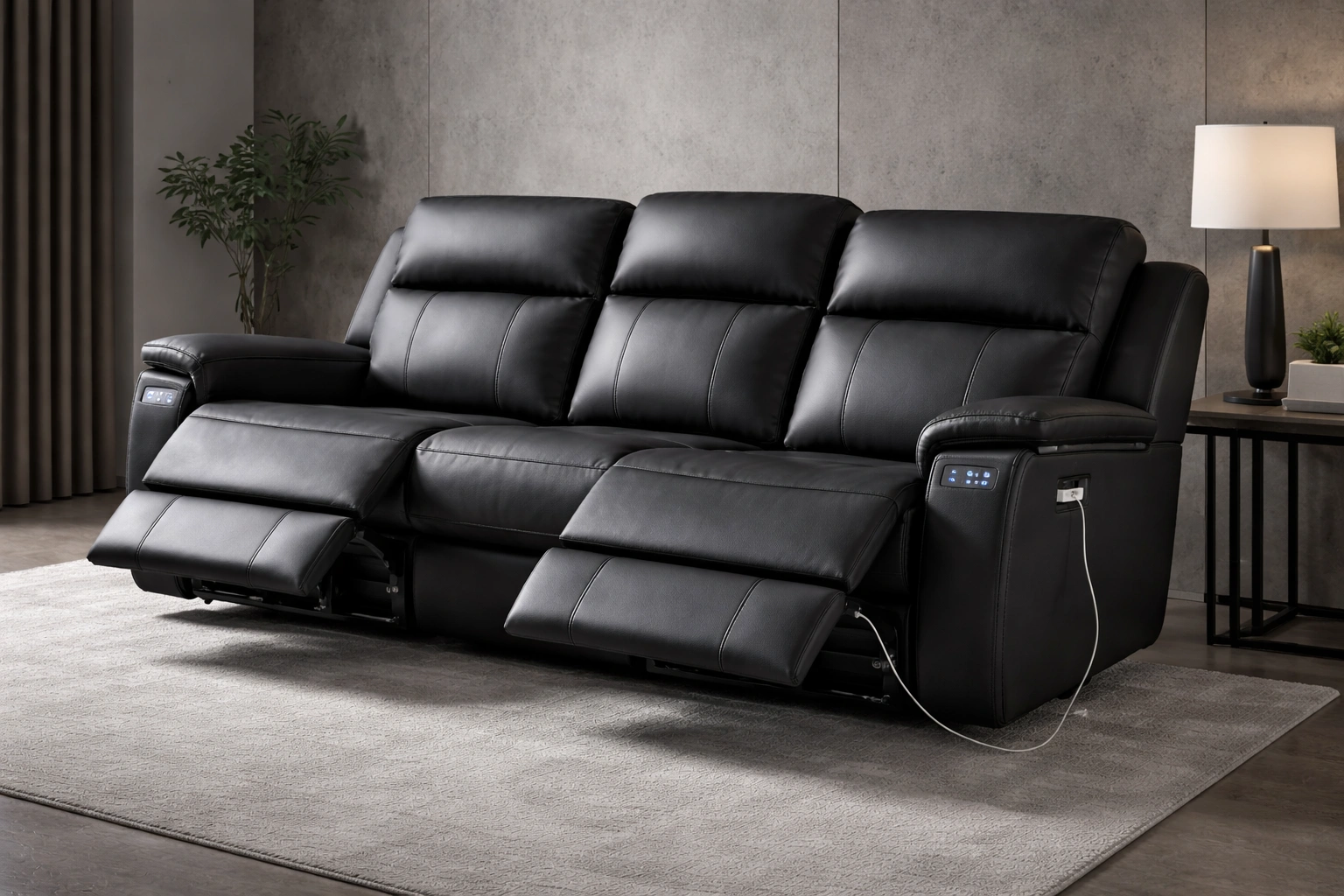 Power recliner sofa with button controls on the armrest