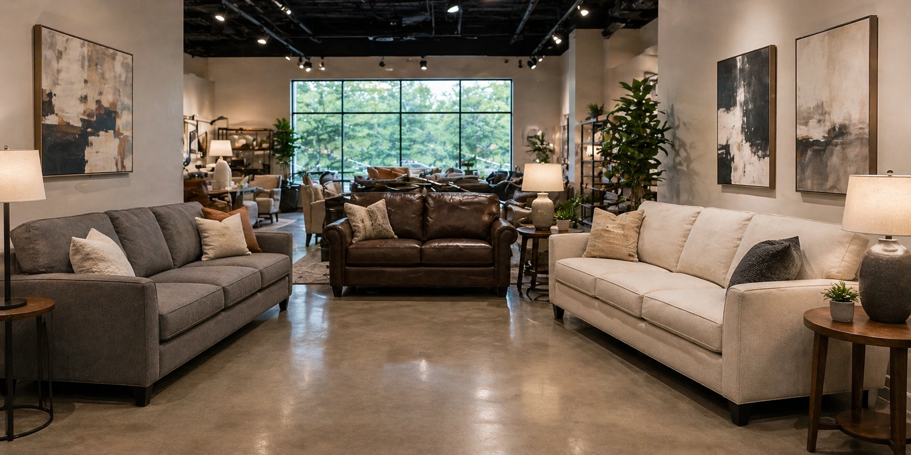 Ready-made sofas displayed in a furniture showroom for testing and comparison