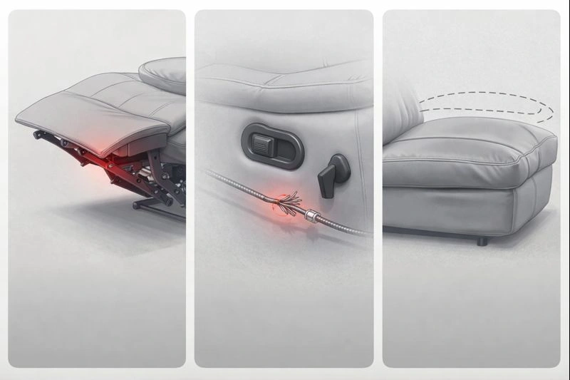 Illustration of common recliner sofa issues including stuck mechanism and sagging cushion