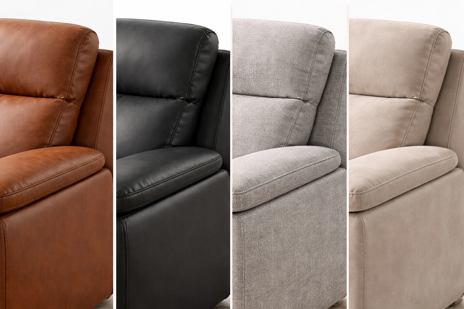 Side by side comparison of leather and fabric recliner sofa upholstery materials