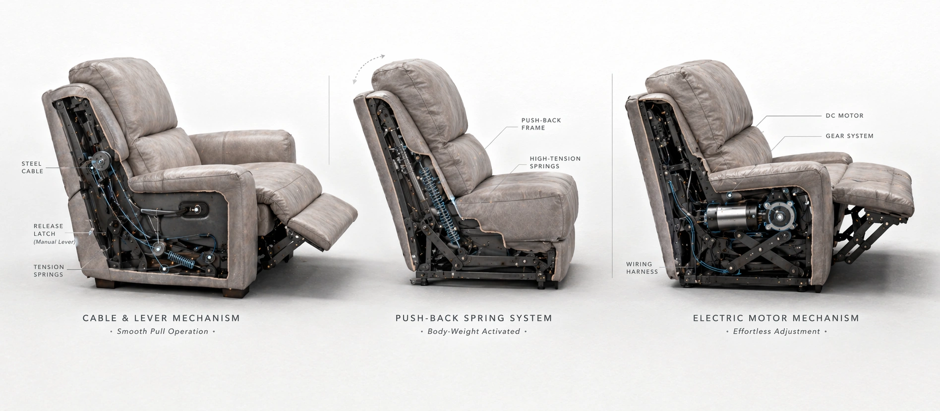 Diagram showing internal components of recliner sofa mechanism including springs, cables, and motor