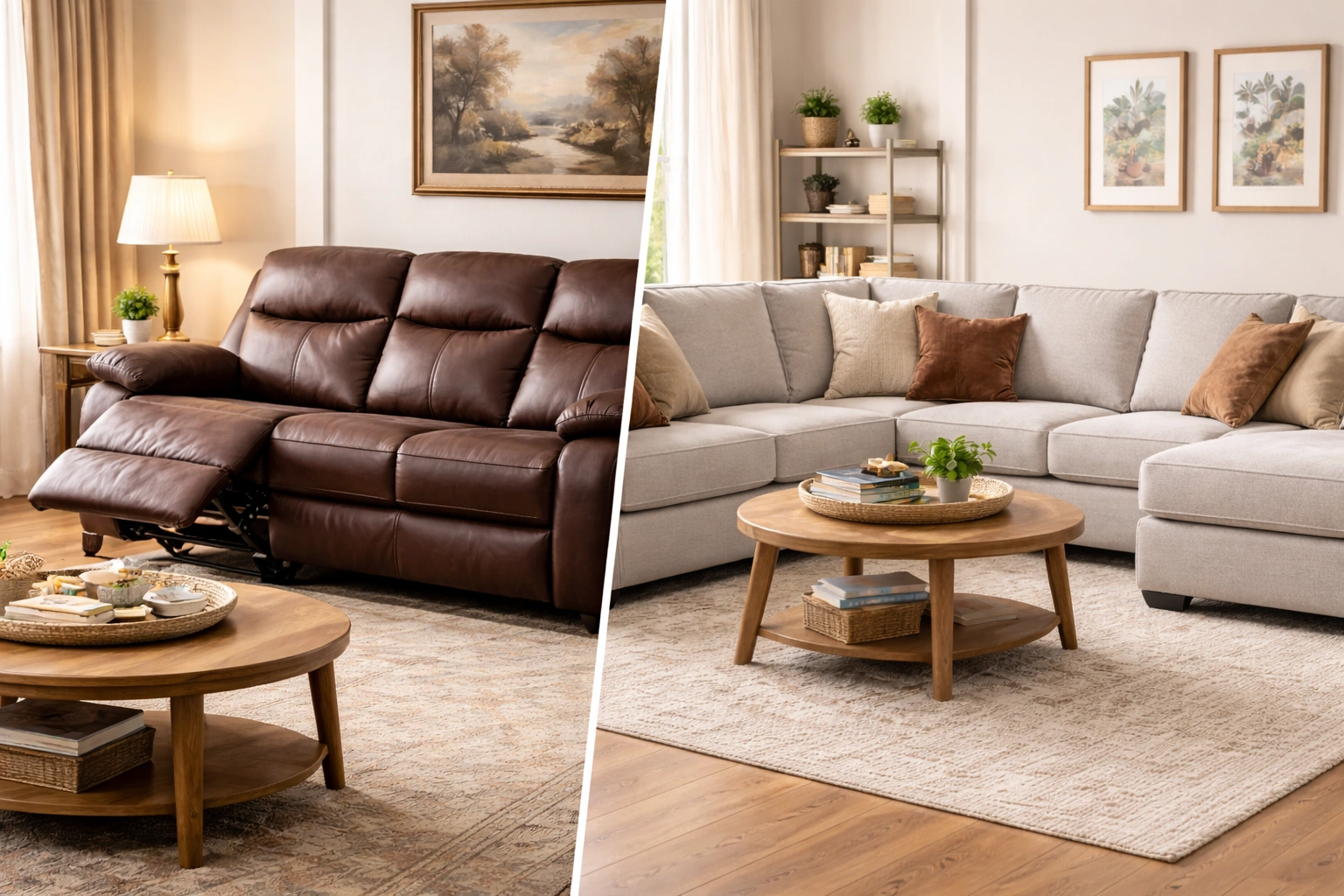 Side by side comparison photo of recliner sofa and traditional sectional sofa in the same room