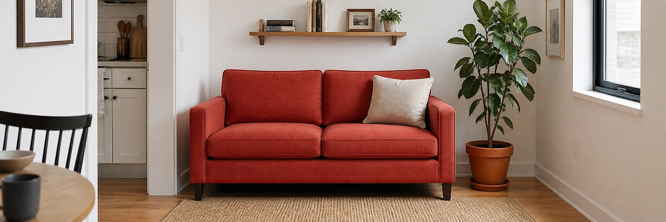 Compact red loveseat in a small apartment living room