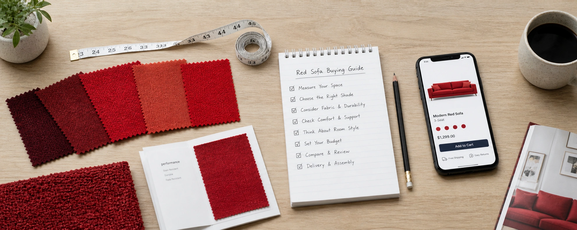 Red sofa buying checklist with fabric swatches and measuring tape