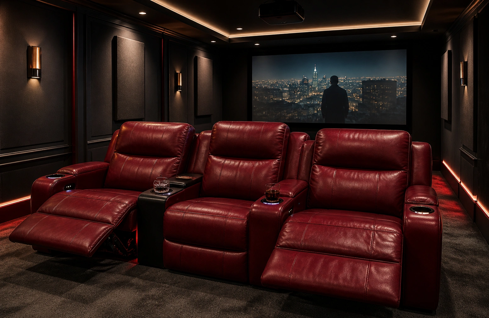 Red sofa in a dedicated home theater entertainment room