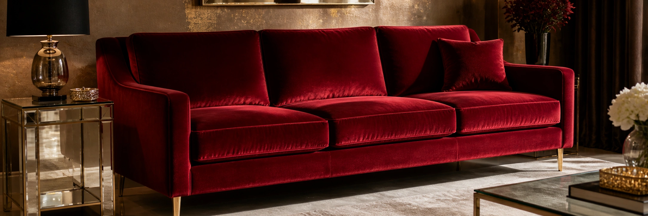 Luxurious red velvet sofa with elegant cushion details