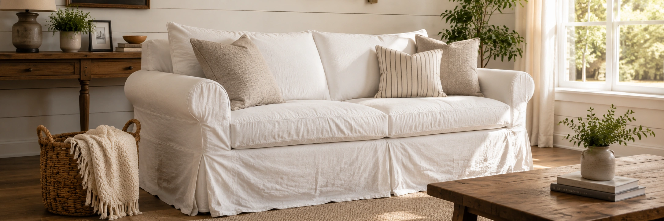Relaxed slipcover sofa with softly draped fabric in a casual living room