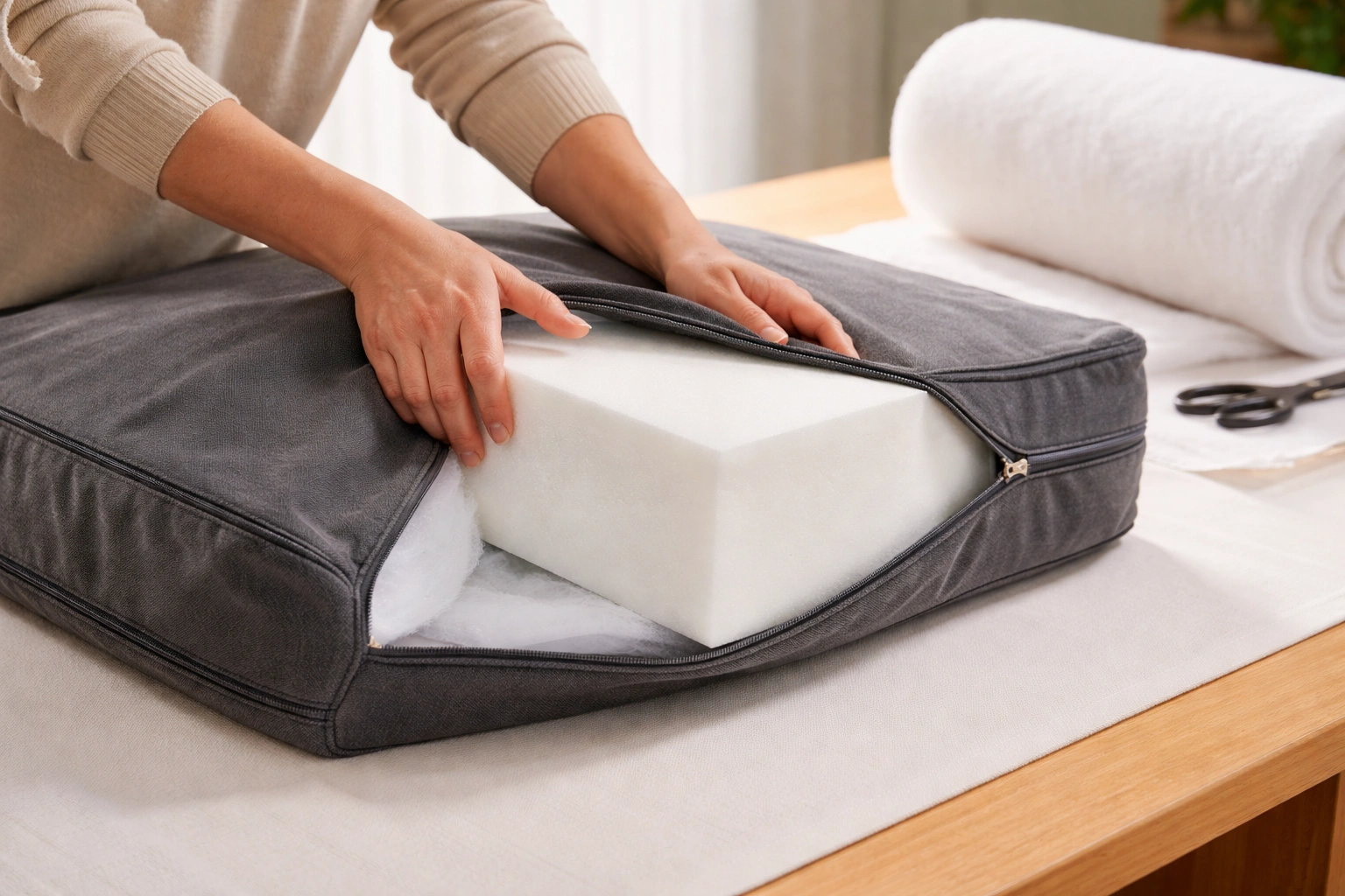 New foam insert being placed inside a sofa cushion cover for replacement